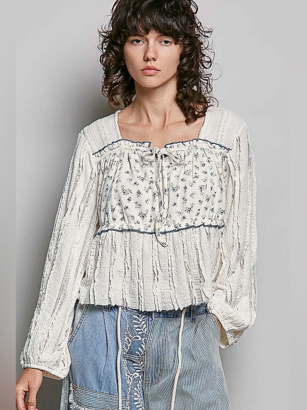 Hello Gorgeous! POL Square Neck Lace Long Balloon Sleeve Top- Cream
